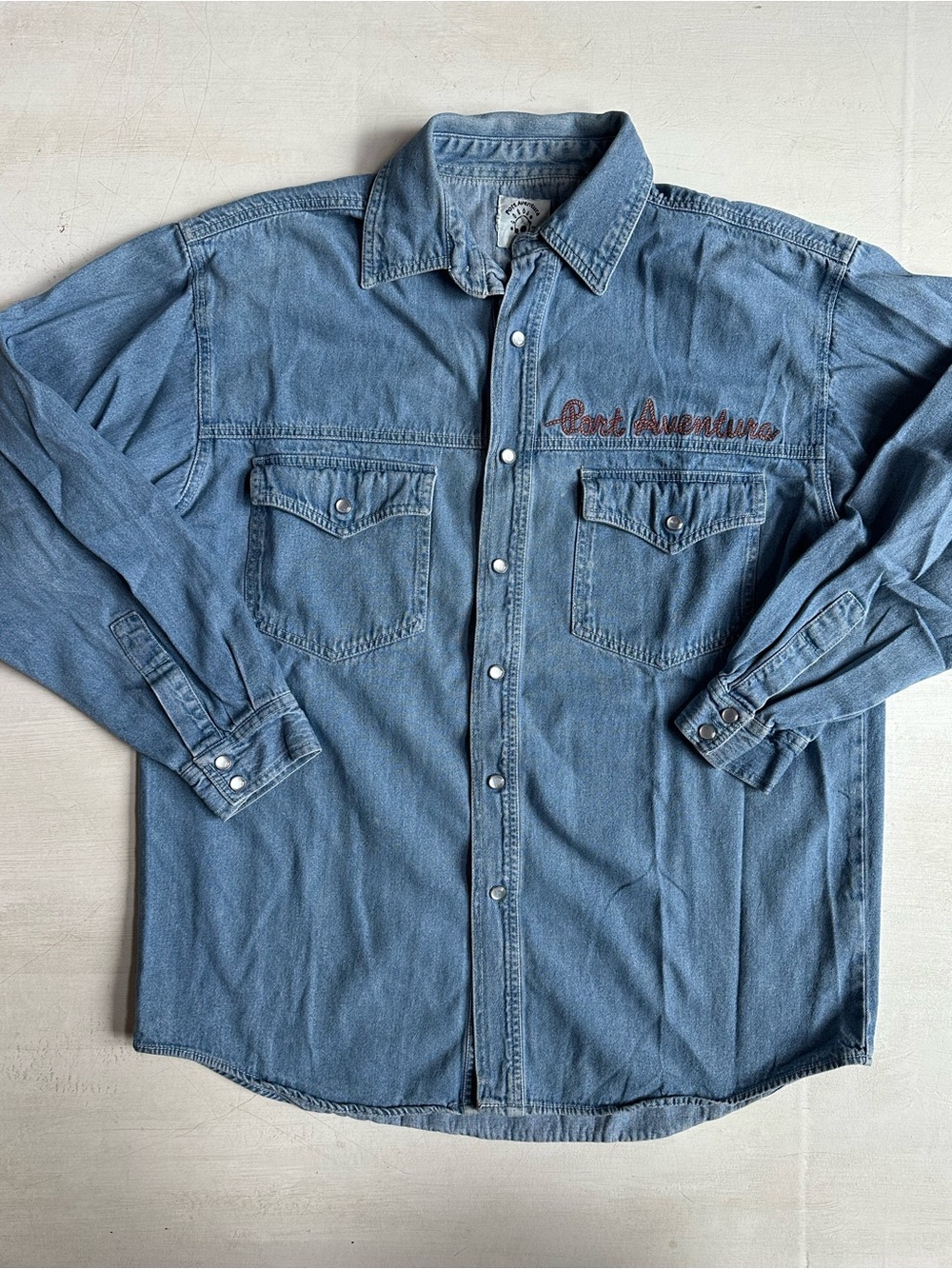 Port Aventura Far West Pearl Snap Embroidered Denim Button Down Shirt